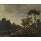 An Evening Landscape with a Horse and Cart by a Stream