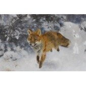 Snölandskap med hundar jagande räv. Olja på duk