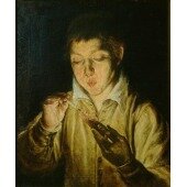 A Boy Blowing on an Ember to Light a Candle - Мальчик, дующий на тлеющие угли, чтобы разжечь свечу