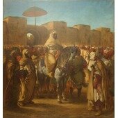 Maulay abd-er-Rahman, sultan du Maroc, sortant de son palais de Maknes, entoure de sa garde et de ses principaux officiers