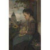 A Girl seated outside a House