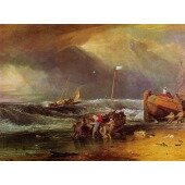 A Coast Scene with Fishermen hauling a Boat ashore