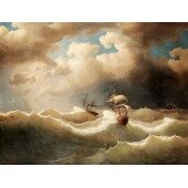 Marine with troubled sea with a sailing ship and a steamer