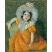 Child in Orange Dress (Fillette en robe Orange) Pastel sur papier tissé marron clair