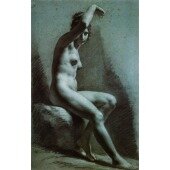 Femme nue assise, tournée vers la droite, bras droit levé Craie noire et blanche sur papier bleu