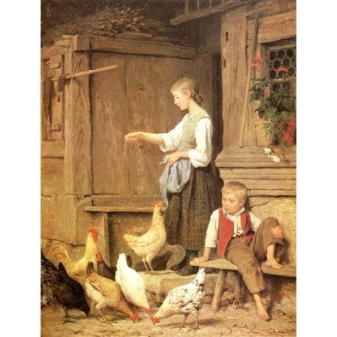Картина Альберт Самуэль Анкер, Girl Feeding the Chickens