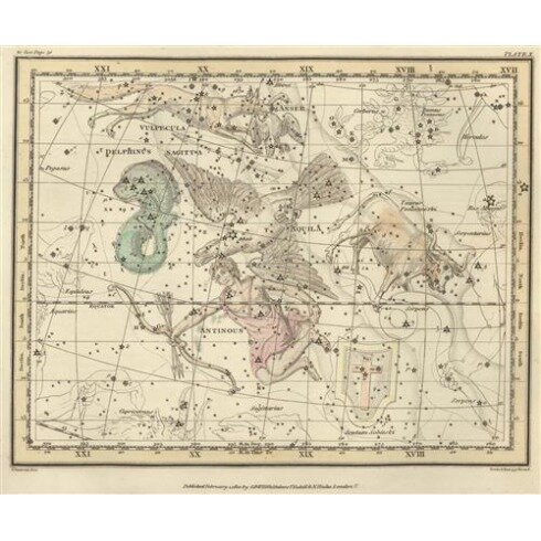Картина Александр Джеймисон, Celestial Atlas - Уранография - Дельфин, Лисица, Стрела, Орел, Антиной