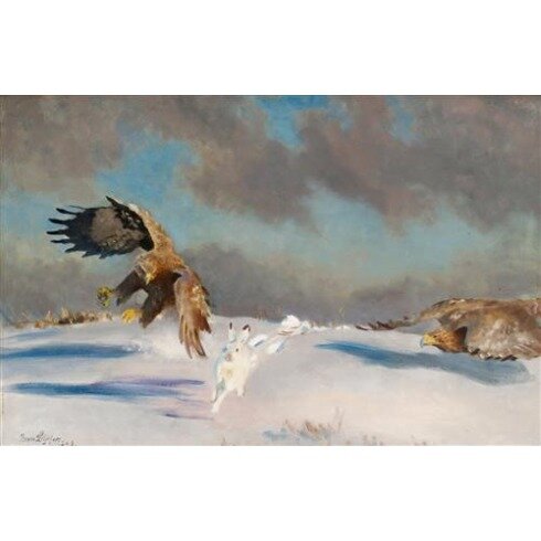 Картина Бруно Лильефорс, Fällande örnar mot vinterhare