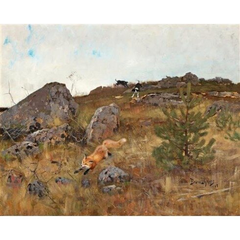 Картина Бруно Лильефорс, Stövare jagande räv i höstlandskap