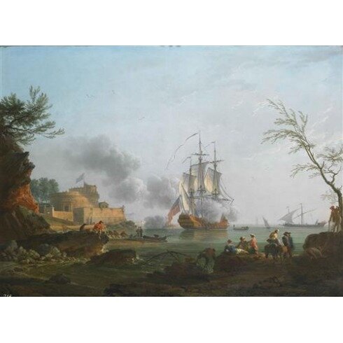Картина Клод Жозеф Верне, The entrance to a harbor with a ship firing a salute
