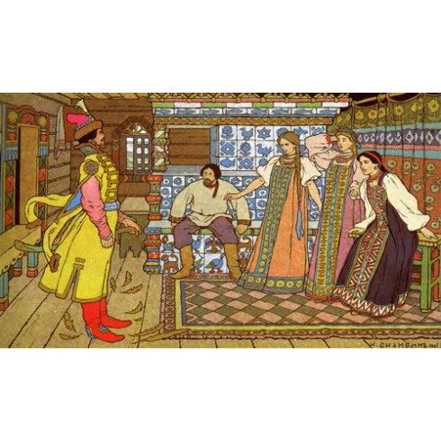 Картина Иван Билибин, Добрый молодец, Иван-царевич и три его сестры