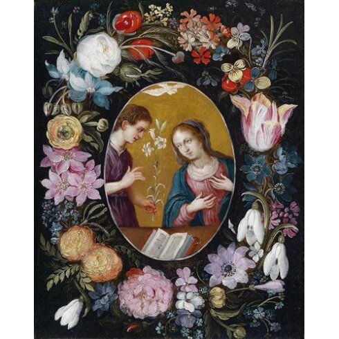 Картина Ян Брейгель Младший, Благовещение в цветочной гирлянде