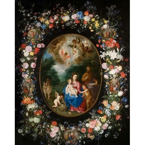 Картина Ян Брейгель Младший, Св семейство с Иоанном Крестителем в цветочной гирлянде