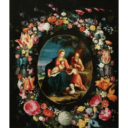 Картина Ян Брейгель Младший, Святое Семейство с Иоанном Крестителем в обрамлении в виде венка из цветов