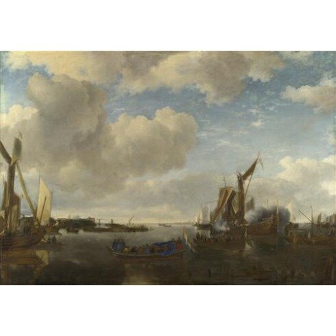 Картина Ян ван де Капелле, A River Scene with a Dutch Yacht firing a Salute