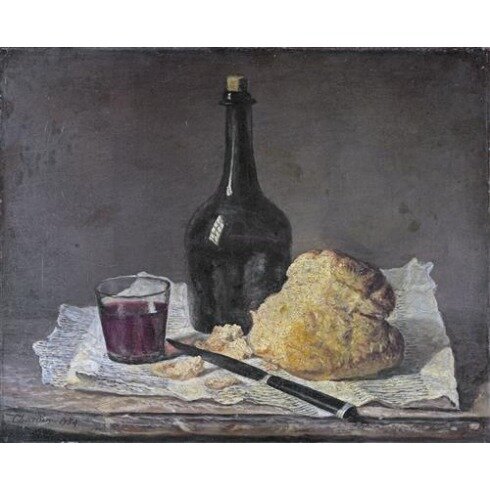Картина Жан Батист Симеон Шарден, Натюрморт со стеклянной бутылкой и хлебом