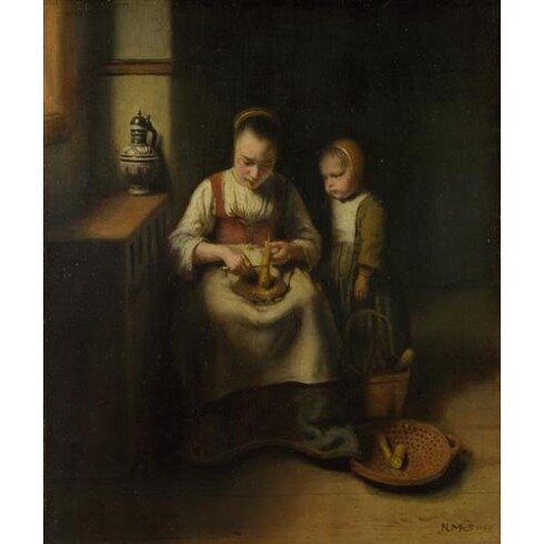 Картина Николас Маес, A Woman scraping Parsnips, with a Child standing by her